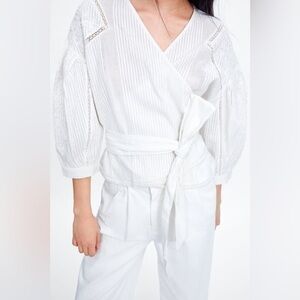 Zara Textured Embroidered White Wrap Top